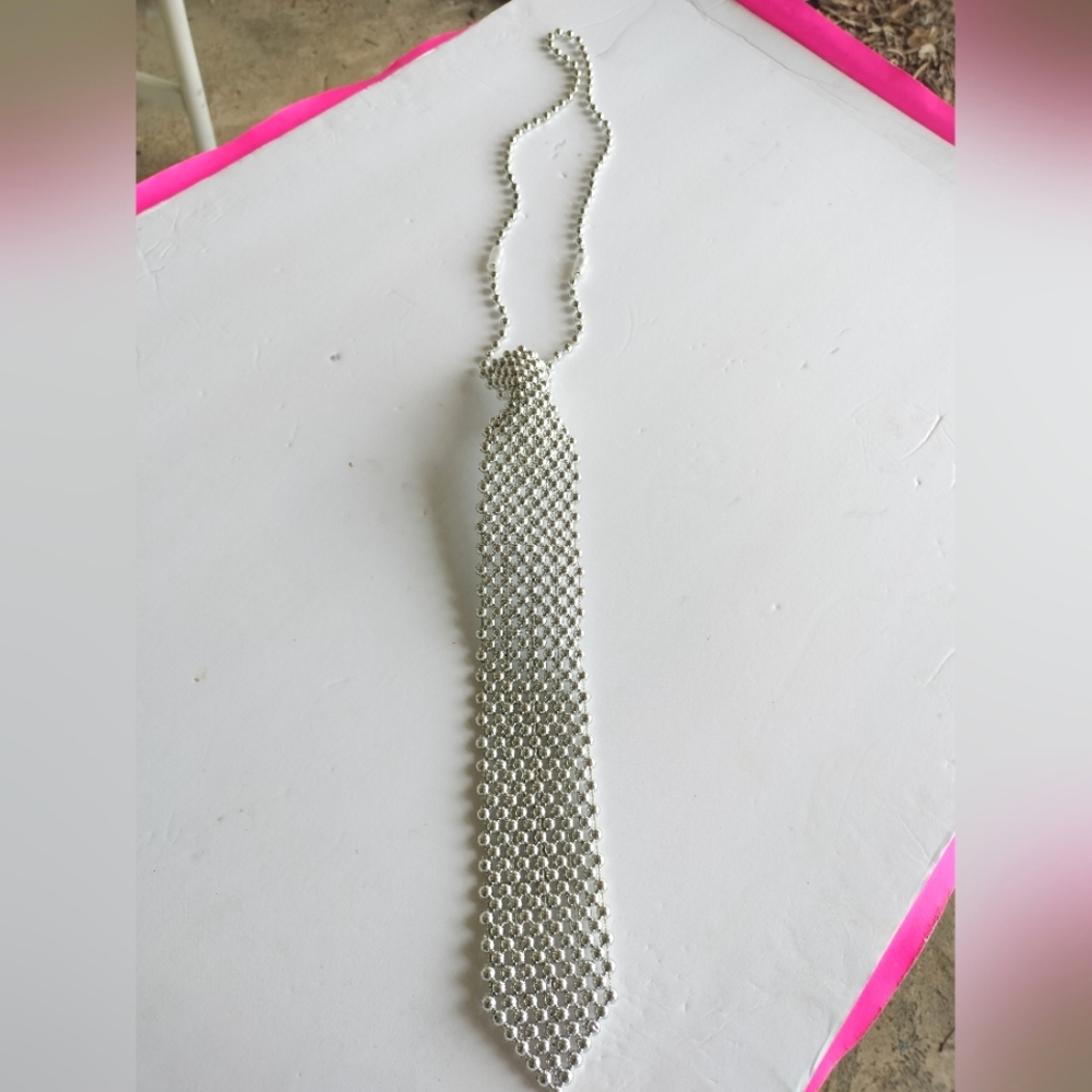 Unique Beaded Silver Neck Tie Necklace